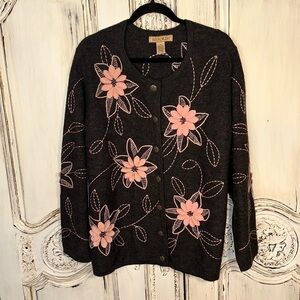 So Forth Vintage Look 100% Wool 3D Embroidery Long Sleeve Cardigan Sweater S/1X